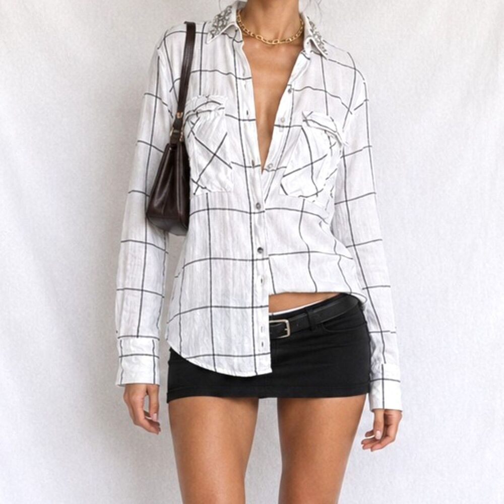 Vintage Y2K White Checkered Long Sleeve Pocket Front Button Down Shirt Size 4/S